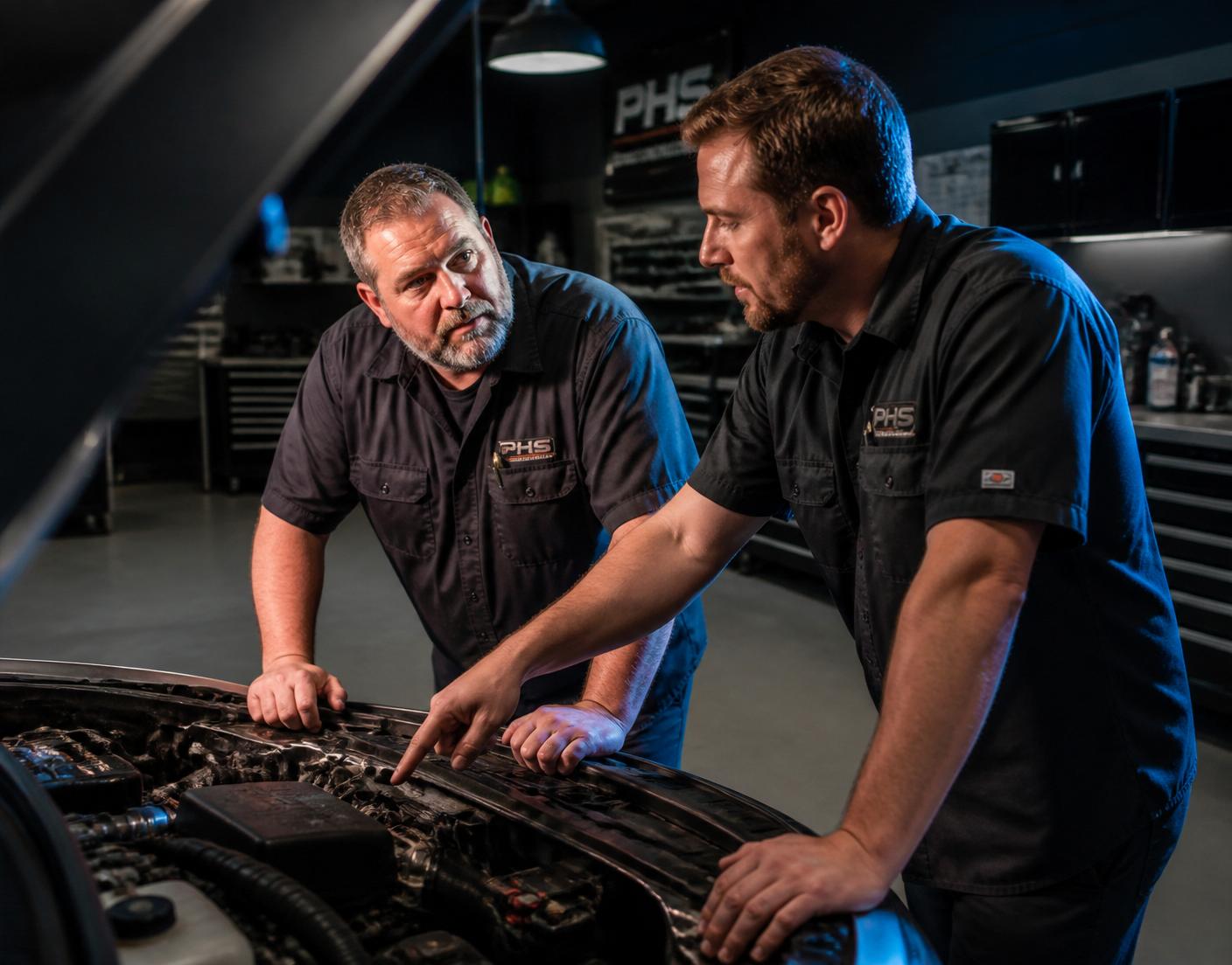 Two experienced technicians inspecting an engine bay together