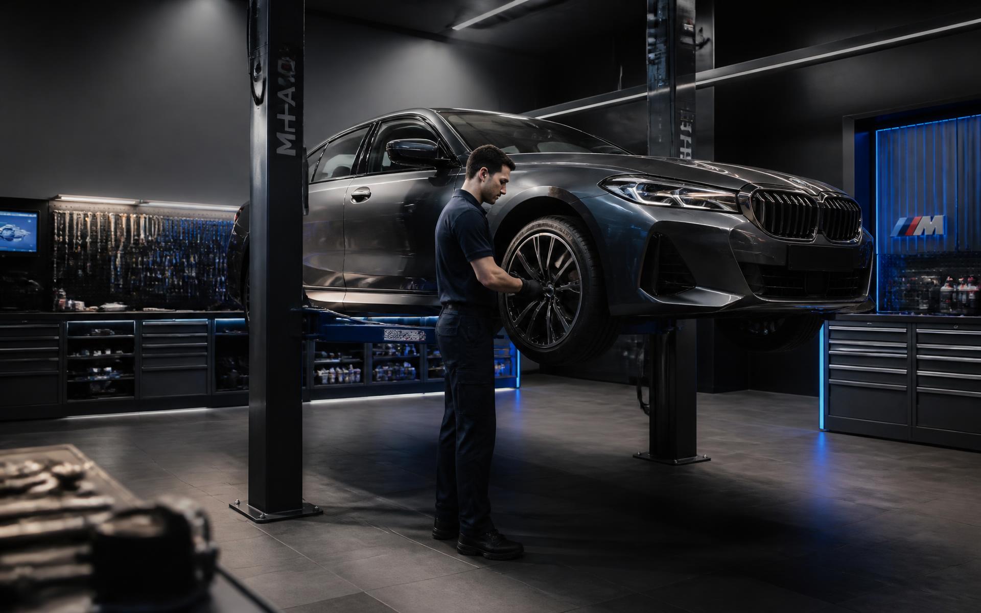Technician servicing a modern vehicle on a hoist inside the Precision Auto Care workshop